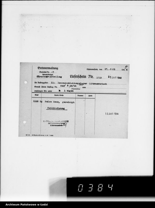 Obraz 9 z jednostki "[Dowody dostawy odzieży dla intendentury wojskowej w Poznaniu] Heeresbekleidungsamt Posen"