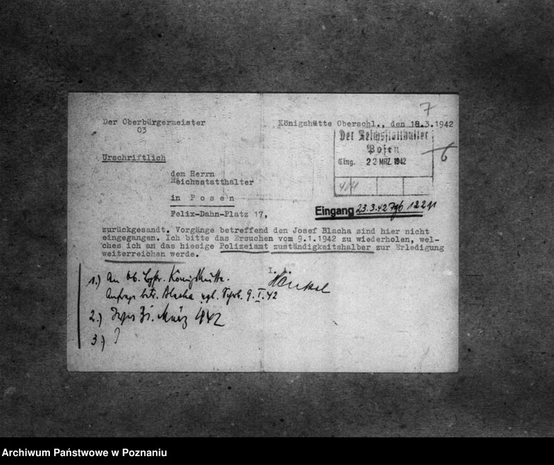 Obraz 11 z jednostki "Korespondencja w sprawie miejscowych Niemców, którzy zginęli w 1939 roku oraz donos Niemca B. Reymanna z powiatu wałeckiego na jego sąsiada, Niemca Breitinga o sprzyjanie Polakom"