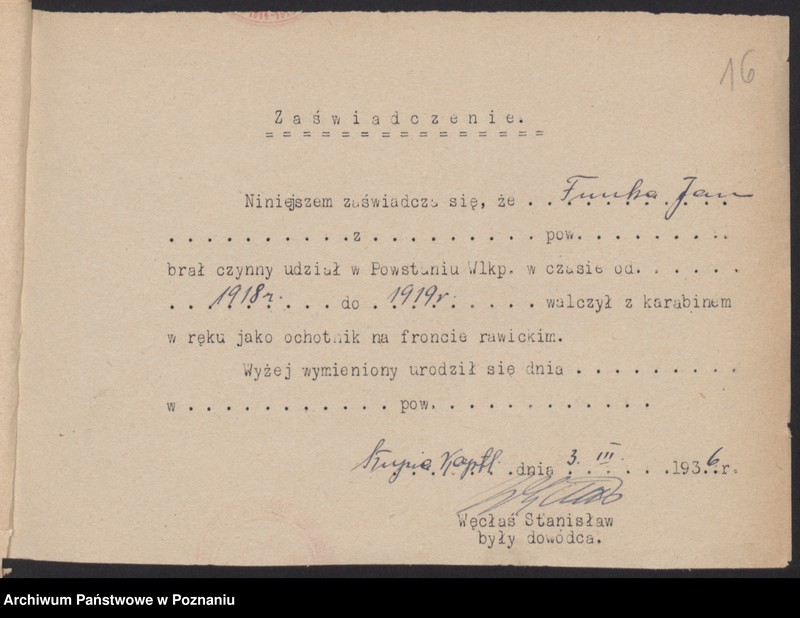 Obraz 18 z jednostki "Słupia Kapitulna, powiat Rawicz - indywidualne zaświadczenia o uczestnictwie w powstaniu."