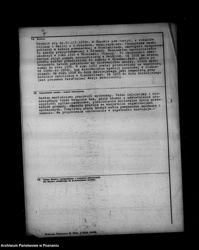 Obraz 12 z jednostki "/Wnioski o odznaczenie ,,Krzyżem Zasługi/"