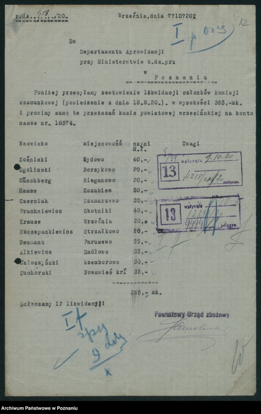 Obraz 13 z jednostki "[Statystyka produkcji rolnej - wynagrodzenia za oszacowanie plonów oraz stwierdzenie powierzchni zasiewów w 1920 roku]"