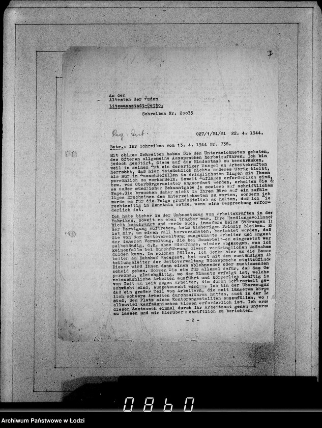 Obraz 11 z jednostki "Juden-Schreiben [Pisma skierowane do Przełożonego Starszeństwa Żydów w Getcie Łódzkim]. Nr.10569-20040"