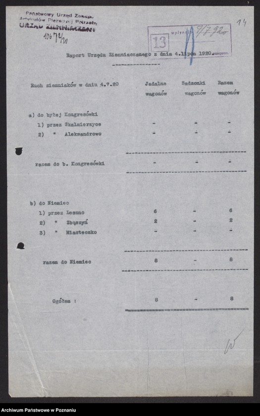 Obraz 16 z jednostki "[Raporty Głównego Urzędu Ziemniaczanego z wywozu ziemniaków poza granice Wielkopolski - do Kongresówki i do Niemiec]"