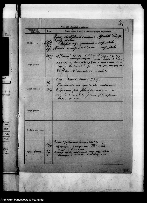 Obraz 17 z jednostki "[Gimnazjum Marii Magdaleny w Poznaniu protokoły z egzaminu dojrzałości eksternów]"