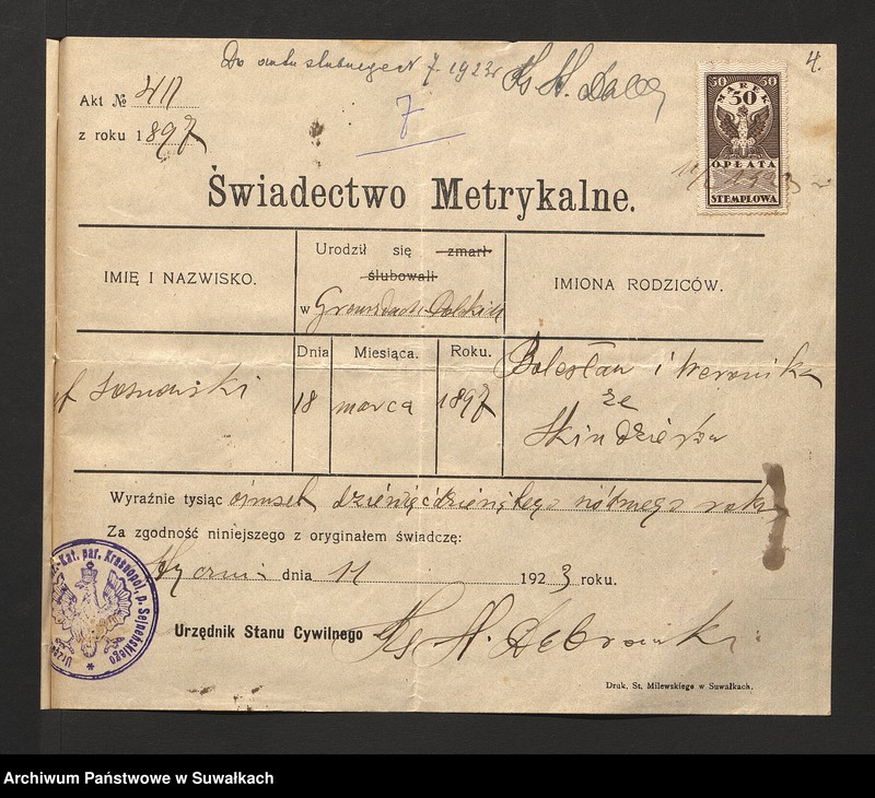 image.from.unit.number "Dokumenty załączone do ślubnych aktów stanu cywilnego w parafji R. Kat. Filipowskiej w roku 1923"