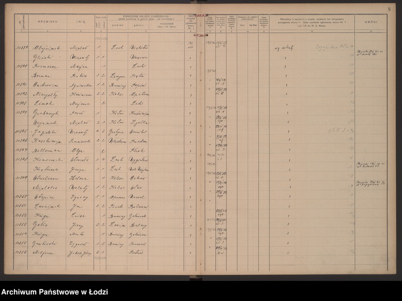 Obraz 11 z jednostki "Księga kontroli ruchu ludności (rejestr osób przybywających do gminy) Łódź, komisariat VIII, ks. V, nr 11249-11615"