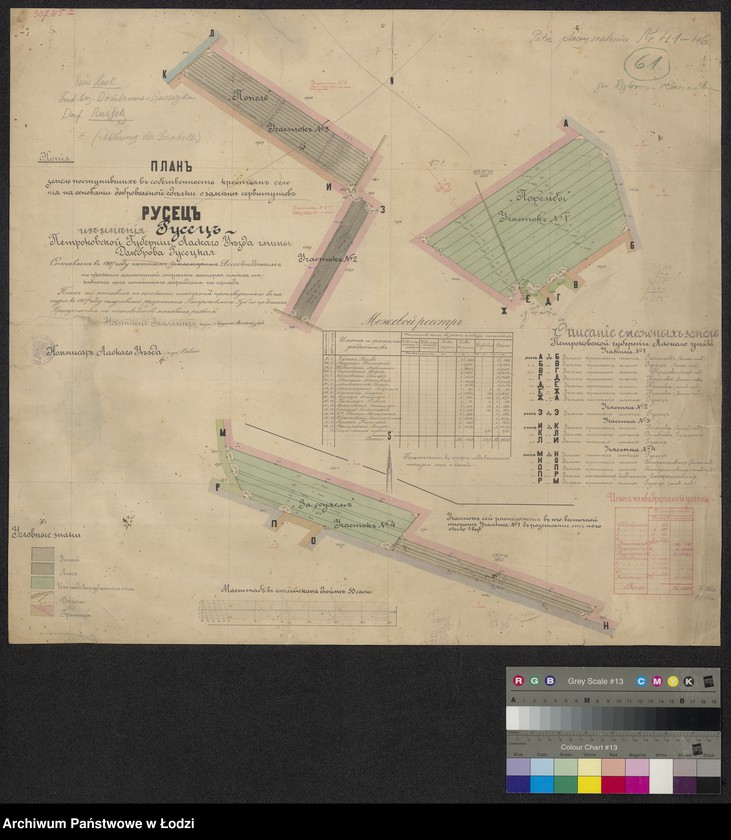 Obraz 1 z jednostki "Plan zemel postupivšich v sobstvennost´ krestian selenia na osnovaniu dobrovolnoi sdelki o zamene servitutov Rusiec iz imenia Rusiec, petrokovskoi gubernii, laskago uezda, gminy Dąbrowa Rusiecka"