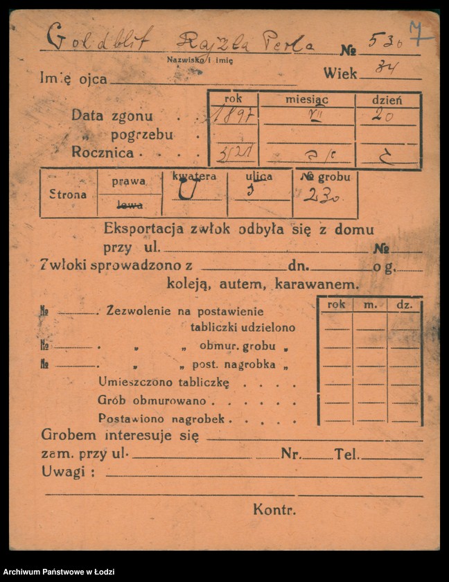 Obraz 8 z jednostki "Kartoteka osób pochowanych na cmentarzu żydowskim przy ulicy Brackiej w latach 1892-1954. Nazwiska na litery: Goldbl-Goldsz"