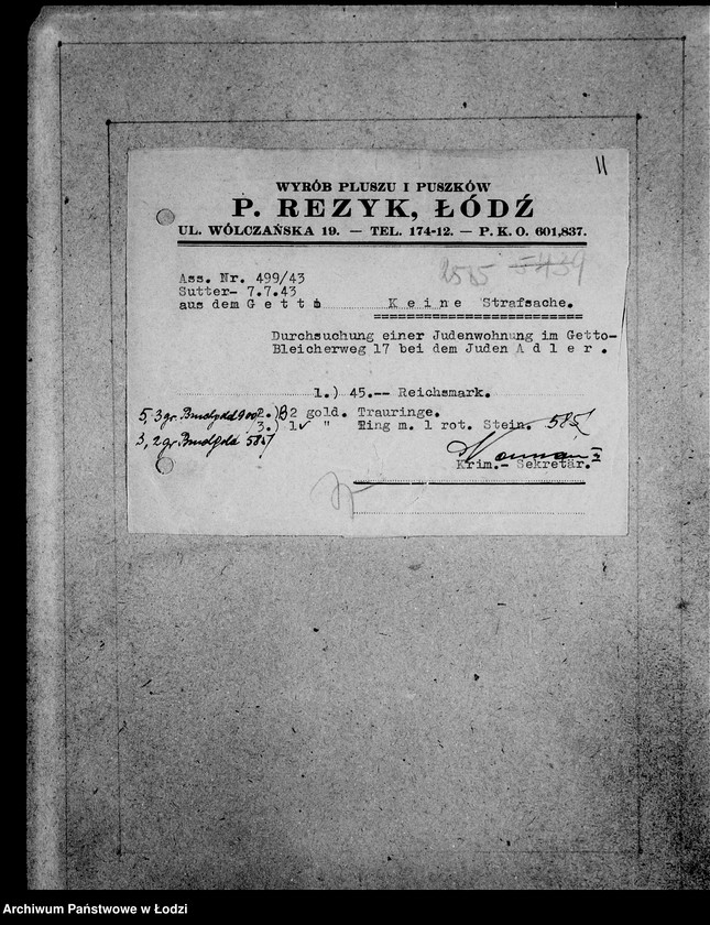 Obraz 15 z jednostki "Kripo.Unterlagen 2400-2600 [Dokumenty konfiskaty majątku ruchomego u Żydów]"