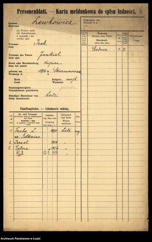 Obraz 8 z jednostki "[Spis ludności Łodzi] Lewkowicz"