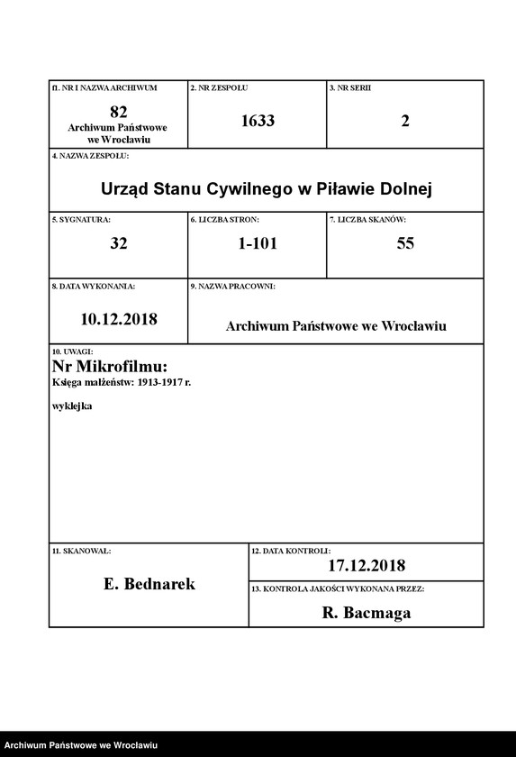 Obraz 1 z jednostki "Heiraths-Haupt-Register Nieder Peilau (Piława Dolna) 1913-1917"
