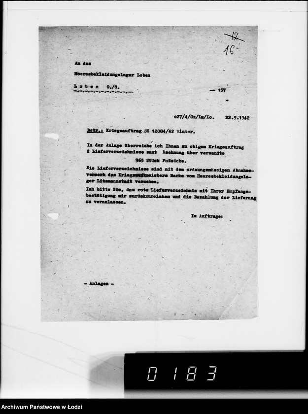 Obraz 20 z jednostki "5234 Kriegsauftrag SS-12884/42 Winter 1.158 St.Fusssäcke H.B.A.Berlin"