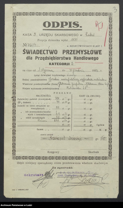 Obraz 5 z jednostki "Josyf Aron Gliksman, Hersz Lajb Gliksman- wyrób i sprzedaż manufaktury"