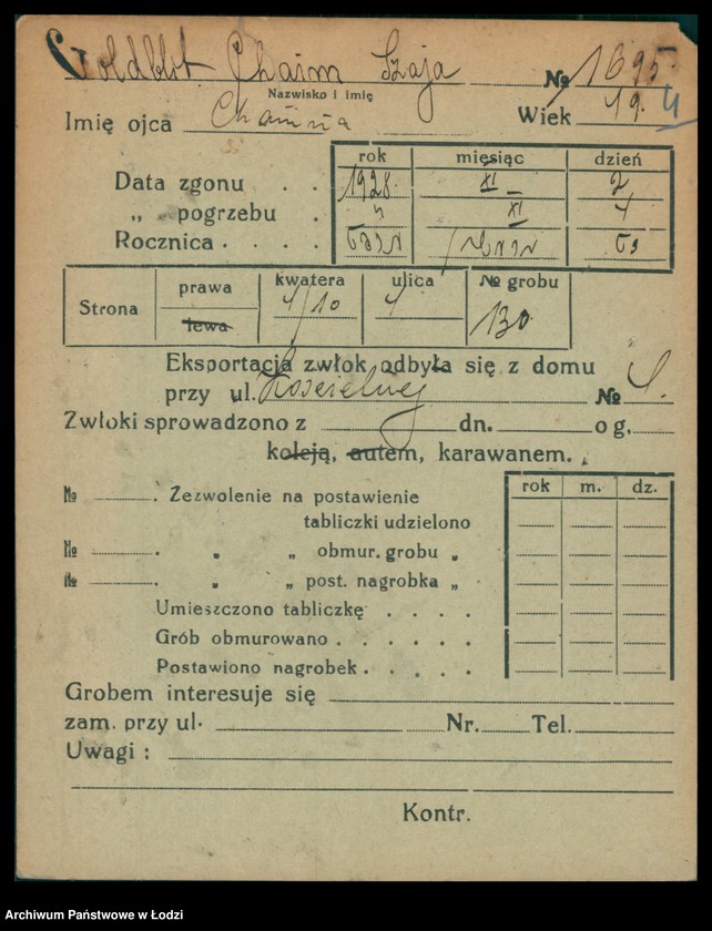 Obraz 5 z jednostki "Kartoteka osób pochowanych na cmentarzu żydowskim przy ulicy Brackiej w latach 1892-1954. Nazwiska na litery: Goldbl-Goldsz"