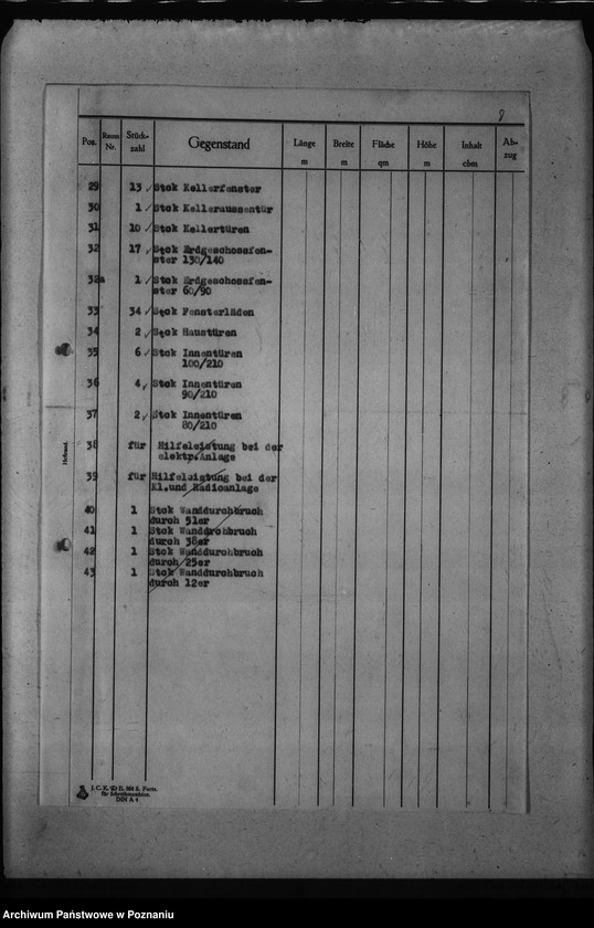 Obraz 12 z jednostki "Dienstwohngebäude - Reichsstatthalter Posen. Wirtschaftsgebäude 1 - 4 (nad jeziorem Góreckim) Massenberechnung"