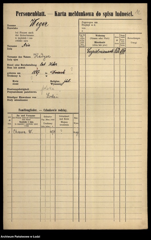 Obraz 14 z jednostki "[Spis ludności Łodzi] Wedrych - Welk"