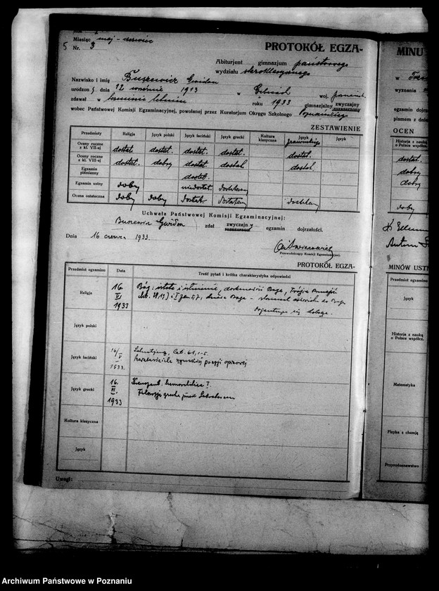 Obraz 8 z jednostki "Protokoły egzaminu dojrzałości Państwowego Gimnazjum Klasycznego- Trzemeszno"