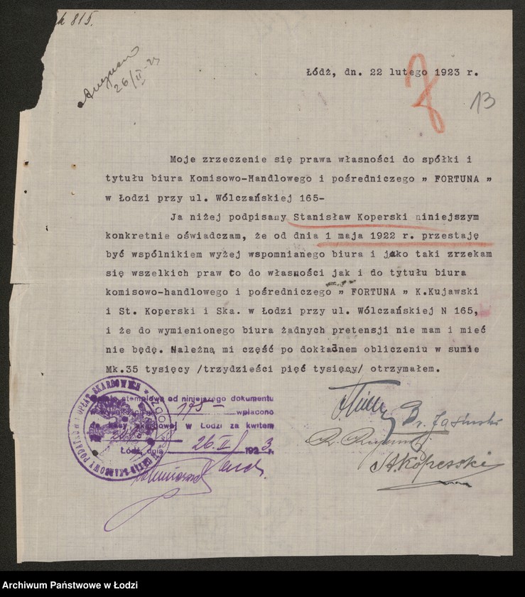 Obraz 15 z jednostki ""Fortuna"- Karol Kujawski, Stanisław Koperski i S-ka- biuro handlowo-komisowe oraz kupno i sprzedaż przetworów przemysłowych i ziemiopłodów"