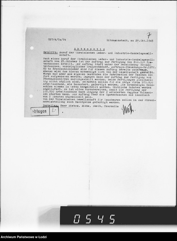 Obraz 11 z jednostki "Reichskommisar Ukraine. [Korespondencja w sprawie realizacji zamówień dla Ukraine Lederindustrie G.m.b.H w Równem]"