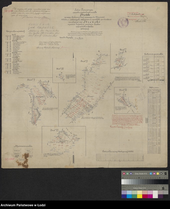 Obraz 1 z jednostki "Szkic pierworysu gruntów wydzielonych z majątku Strońsko na mocy dobrowolnej umowy z dnia 16 czerwca 1922 roku i oddanych w zamian za serwituty pastwiskowe na własność wsi Strońsko w gminie Zapolice powiecie łaskim ... położonej"