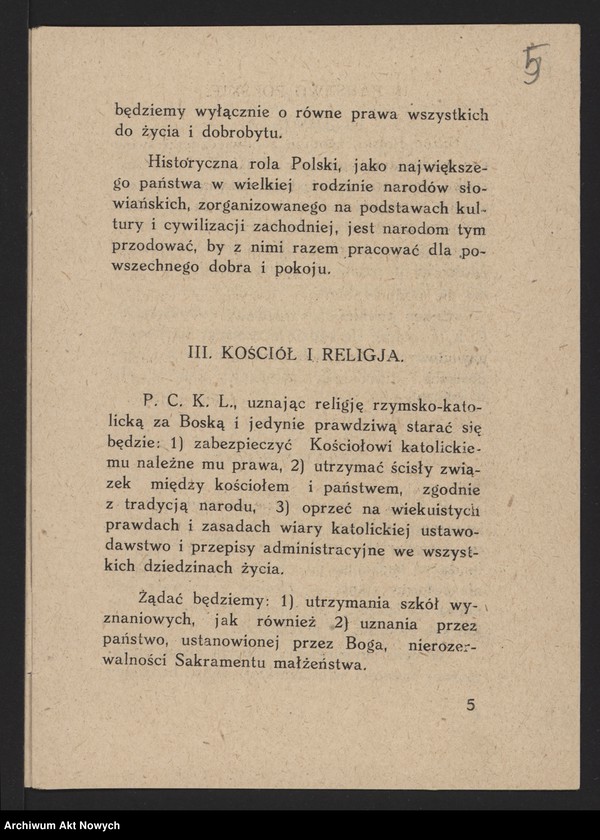 Obraz 7 z jednostki "Polskie Centrum Katolicko-Ludowe. Odezwa, program, zestawienie wydatków (maszynopisy, broszurka); patrz t.1709"