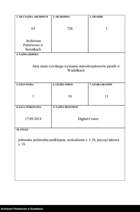 image.from.team "Akta stanu cywilnego wyznania staroobrzędowców parafii w Wodziłkach"