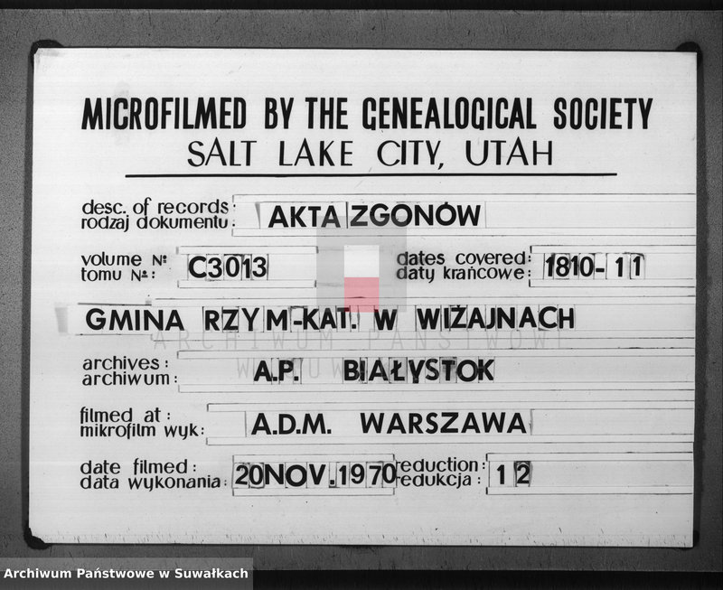 image.from.unit.number "Księga do zapisywania aktów cywilnych zejścia gminy wiżajńskiey, departamentu łomżyńskiego, powiatu kalwaryjskiego"