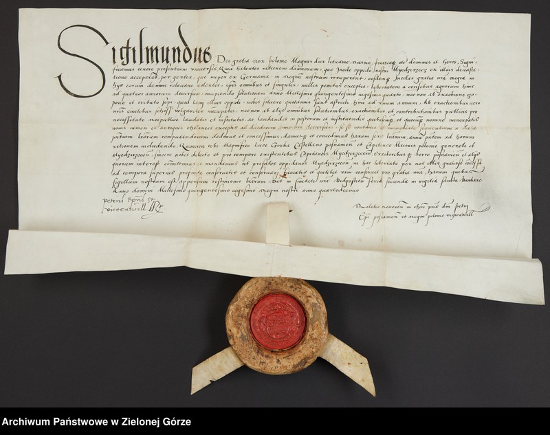 Obraz z jednostki "Zygmunt I, król polski, z powodu spustoszeń dokonanych przez Niemców, uwalnia mieszkańców Międzyrzecza od płacenia czynszu z pól do 1524"