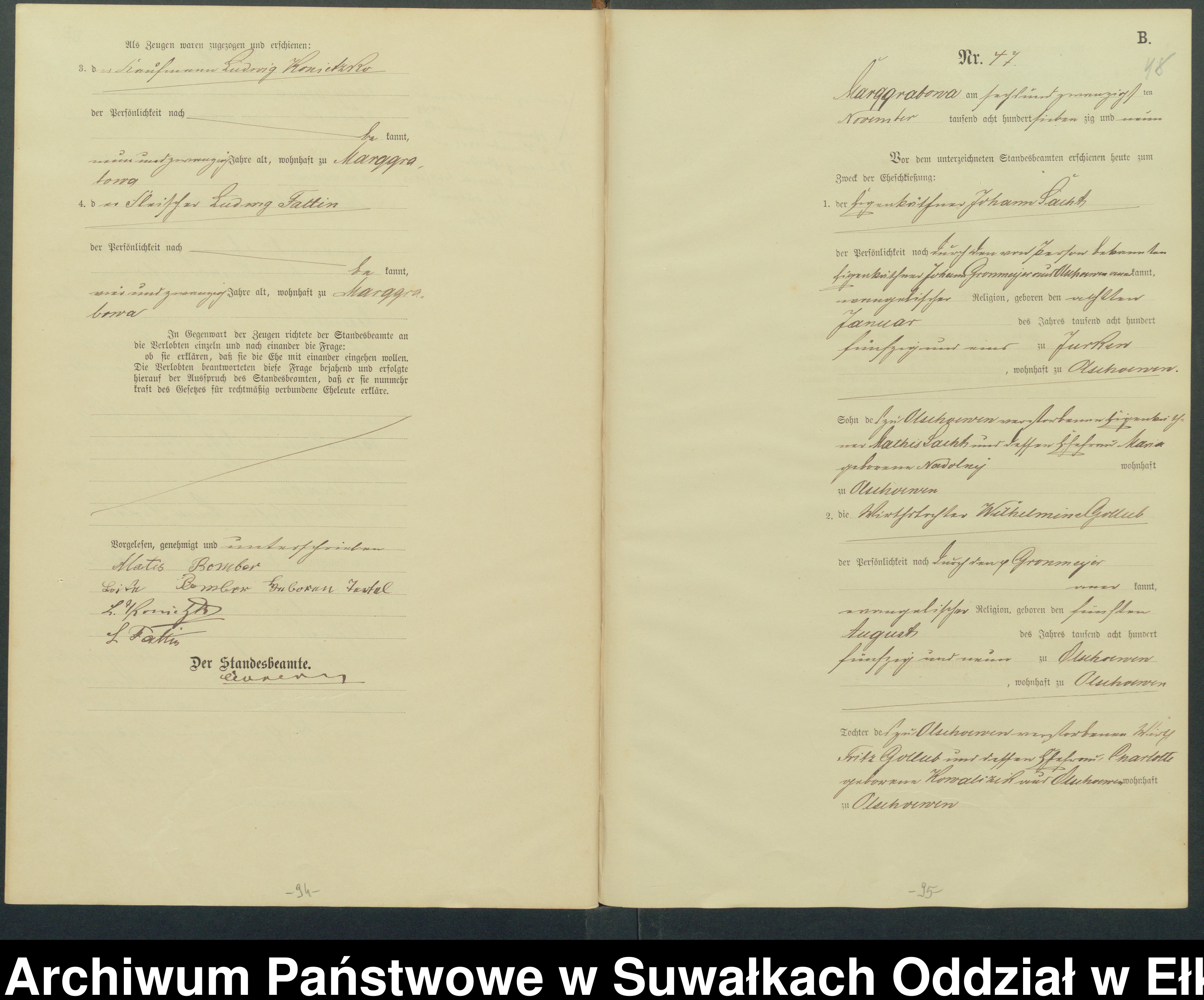 Skan z jednostki: Heiraths-Haupt-Register des Königlich Preussischen Standes-Amtes Landgemeinde Marggrabowa Kreis Oletzko