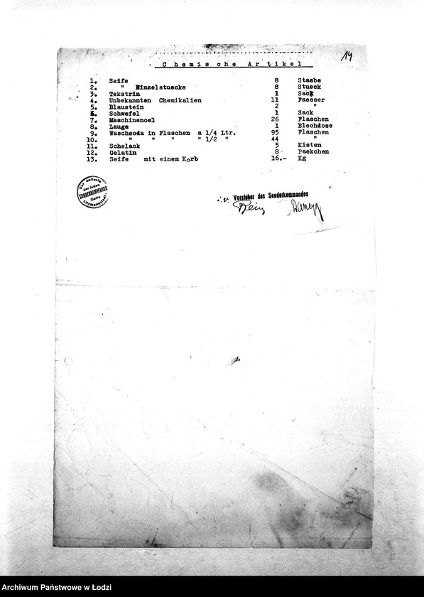 Obraz 17 z jednostki "[Specyfikacje materiałów technicznych, skórzanych, chemicznych, farbiarskich; artykułów biurowych, narzędzi, maszyn, tkanin, żywności i innych posiadanych na składzie Wydziału Specjalnego]"