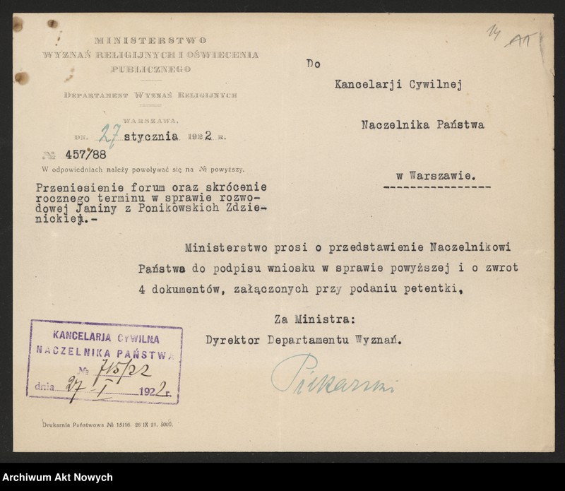image.from.unit.number "Przeniesienie forum sądowego spraw rozwodowych do Sądów Konsystorskich Ewangelicko - Augsburskiego i Ewangelicko - Reformowanego oraz skrócenie rocznego terminu zapozwu w sprawach rozwodowych, rozpatrywanych przed najwyższymi sądami. Reskrypty Naczelnika Państwa, wnioski, korespondencja z Min. Wyznań Religijnych i Oświecenia Publicznego"