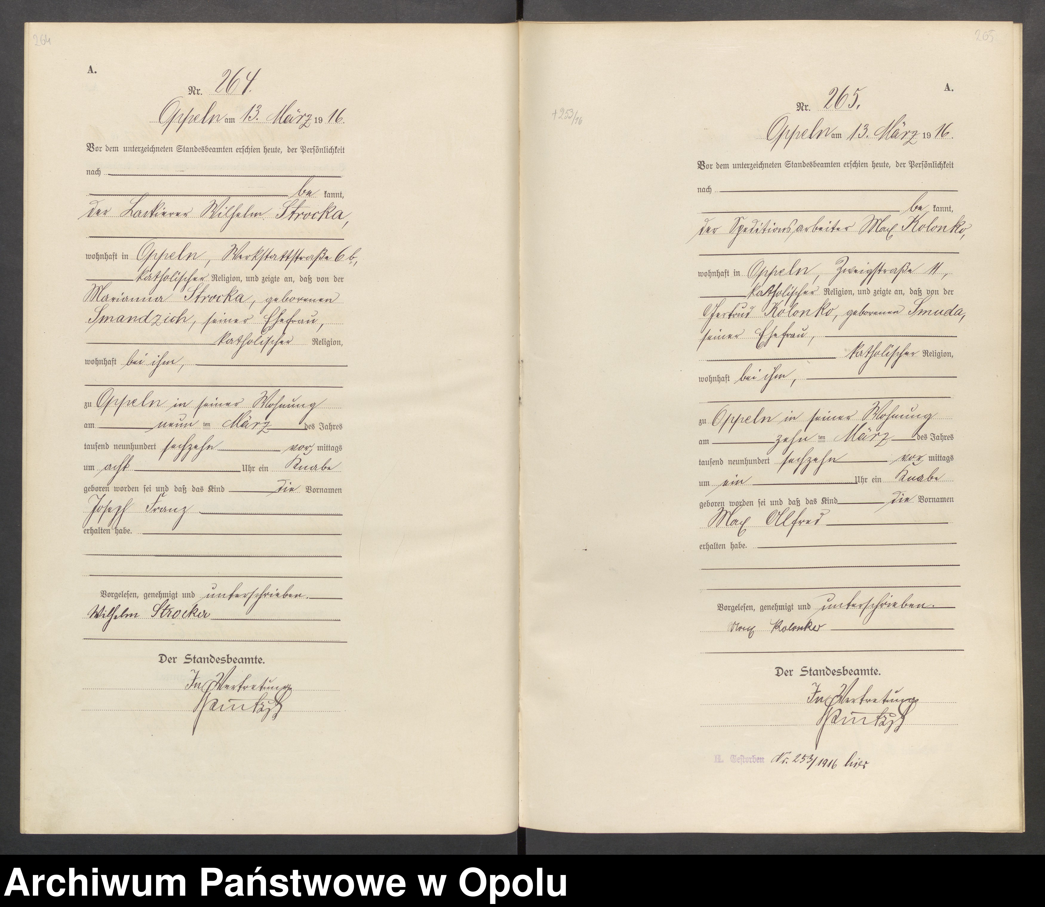 Skan z jednostki: Urząd stanu Cywilnego Opole Księga Urodzeń Rok 1916 1-395
