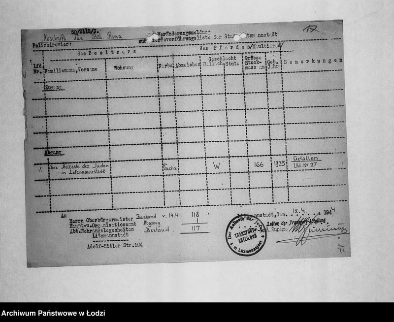 Obraz 20 z jednostki "Veränderungs-Meldungen [Korespondencja PSŻ z GV w sprawie pogłowia końskiego]"
