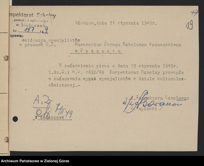 image.from.unit.number "Plany i sprawozdania roczne z pracy Kulturalno-Oświatowej, inspektorów szkolnych w Słubicach, Świebodzinie i Strzelcach Krajeńskich w zakresie oświaty dorosłych"
