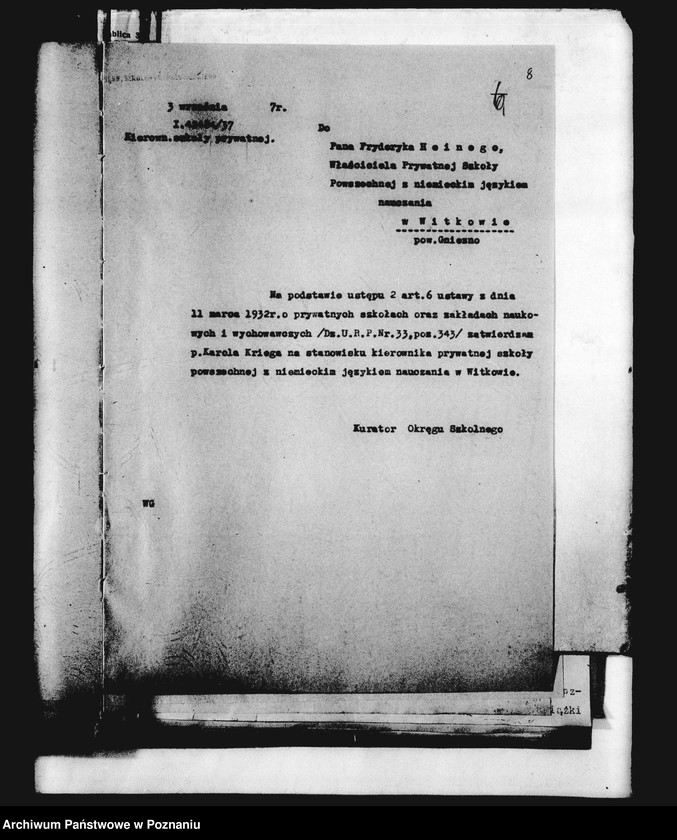 Obraz 11 z jednostki "Prywatna Szkoła Powszechna z niemieckim językiem nauczania w Witkowie, powiat Gniezno"