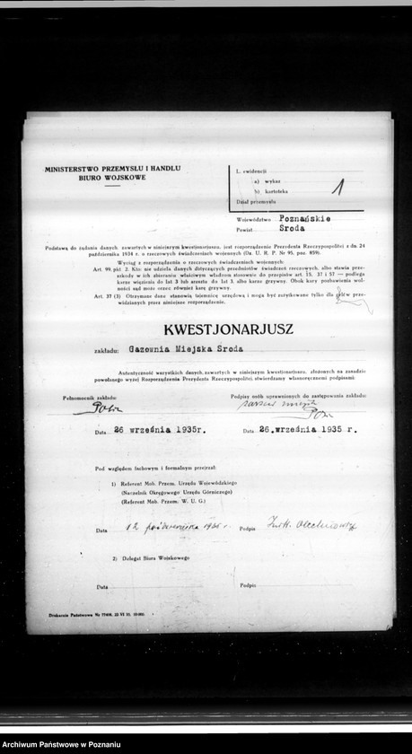 Obraz 5 z jednostki "Kwestionariusz Gazowni Miejskiej w Środzie"