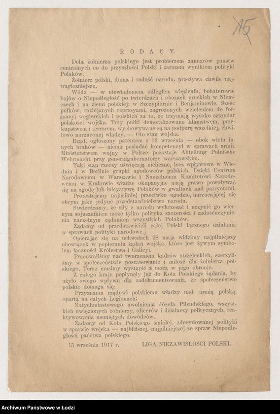 Obraz 1 z jednostki "[Ulotka Ligi Niezawisłości Polski w sprawie polityki narodowej i wojska polskiego]"