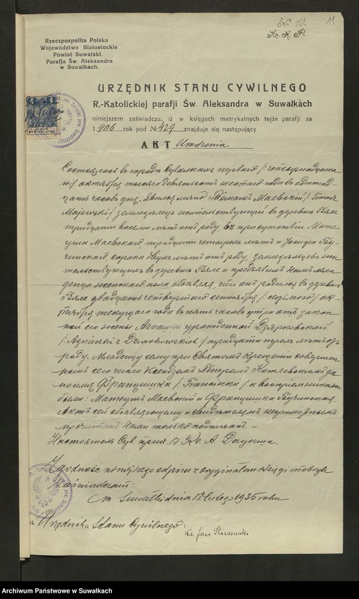 image.from.unit.number "Aneksa [do akt małżeństw] parafji Podżylińskiej za rok 1935"