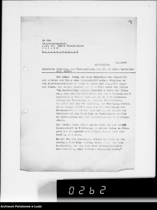 Obraz 11 z jednostki "Zuteilung von Futtermittel für die im Getto befindlichen Pferde."