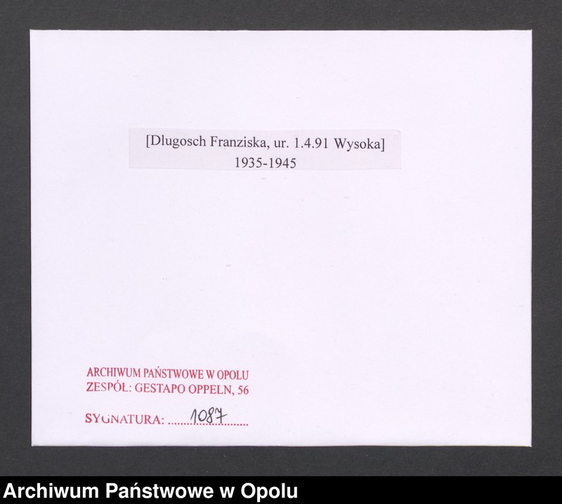 Obraz 2 z jednostki "[Dlugosch Franziska, ur. 1.4.1891 Wysoka]"