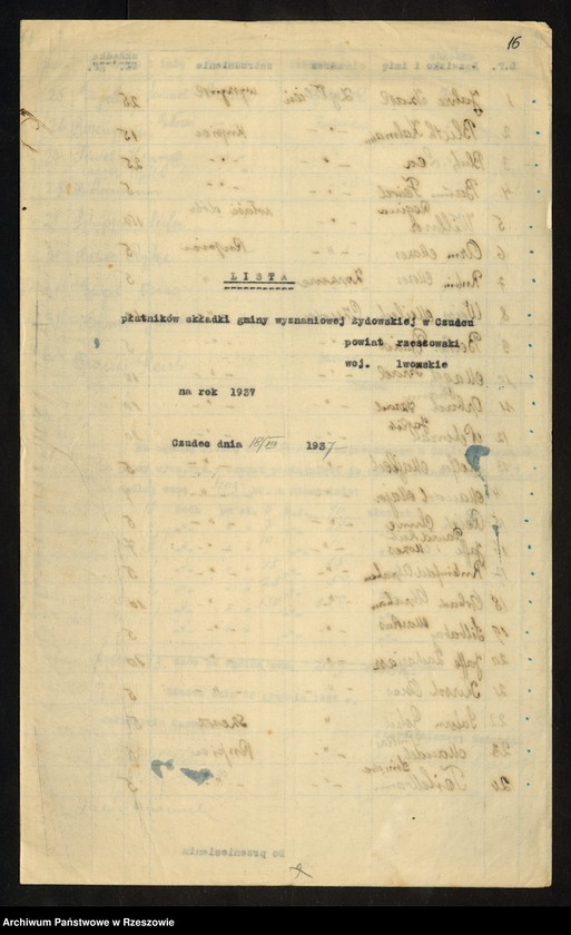image.from.unit.number "Listy płatników składki Gminy Wyznaniowej Żydowskiej w Czudcu"
