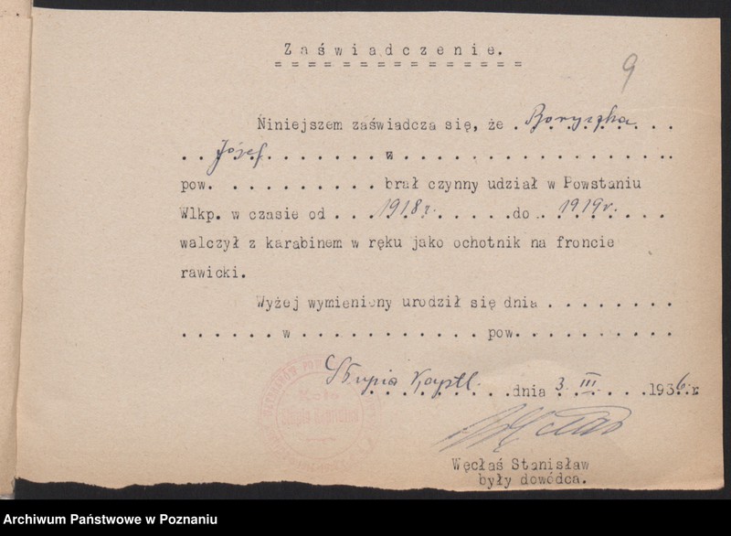 Obraz 12 z jednostki "Słupia Kapitulna, powiat Rawicz - indywidualne zaświadczenia o uczestnictwie w powstaniu."