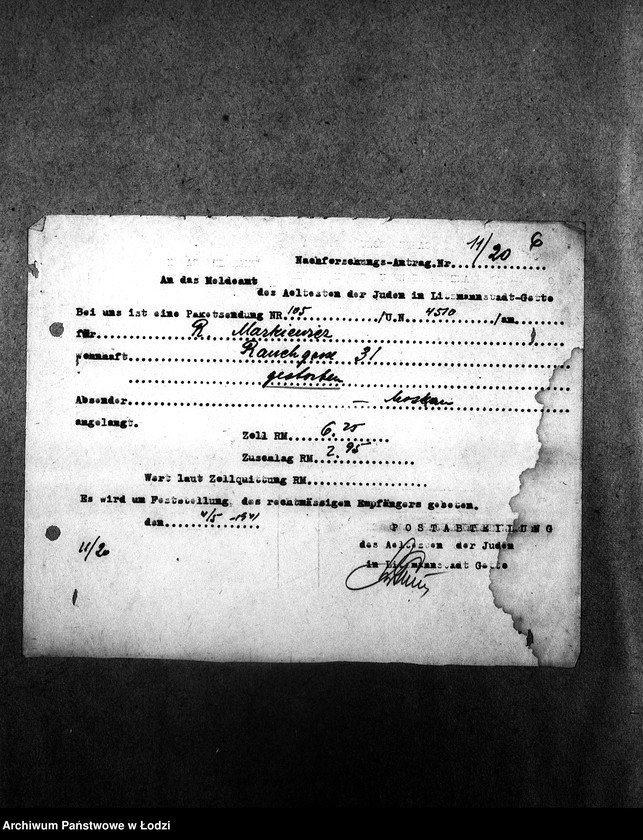 Obraz 9 z jednostki "[Protokoły stwierdzające wydanie przesyłek nadesłanych dla mieszkańców getta]"