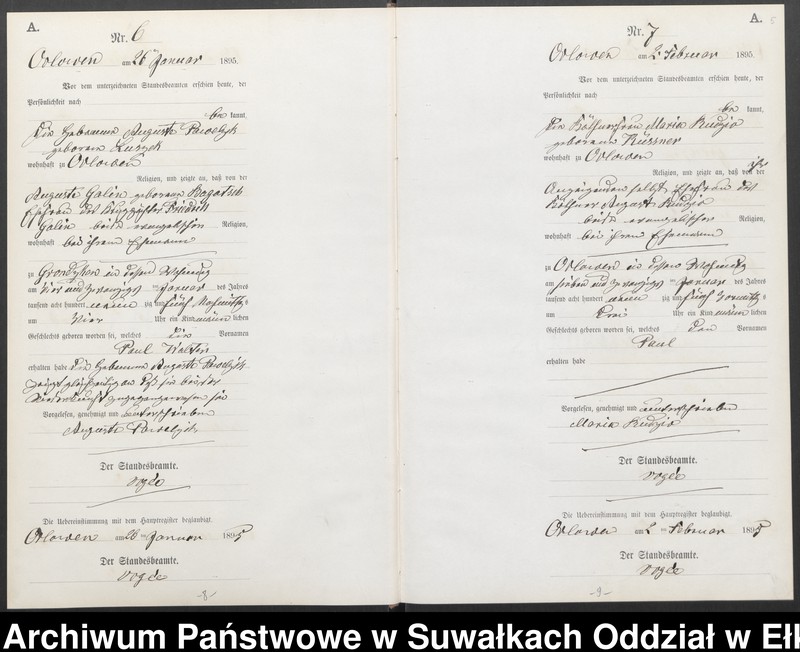 image.from.unit.number "Geburts-Neben-Register des Preussischen Standes-Amtes Orlowen Kreis Loetzen für das Jahr 1895"