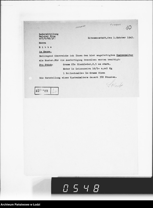 Obraz 14 z jednostki "Reichskommisar Ukraine. [Korespondencja w sprawie realizacji zamówień dla Ukraine Lederindustrie G.m.b.H w Równem]"