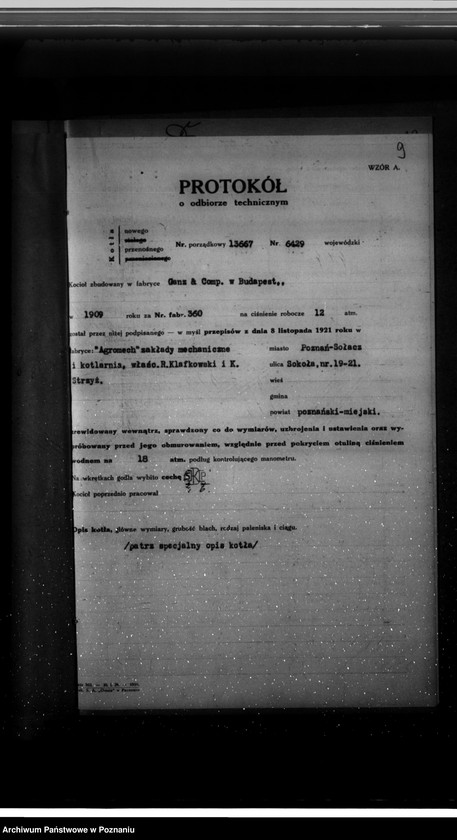 Obraz 13 z jednostki "Zakłady mechaniczne "Agromech" w Poznaniu- nr woj. kotła 6429"