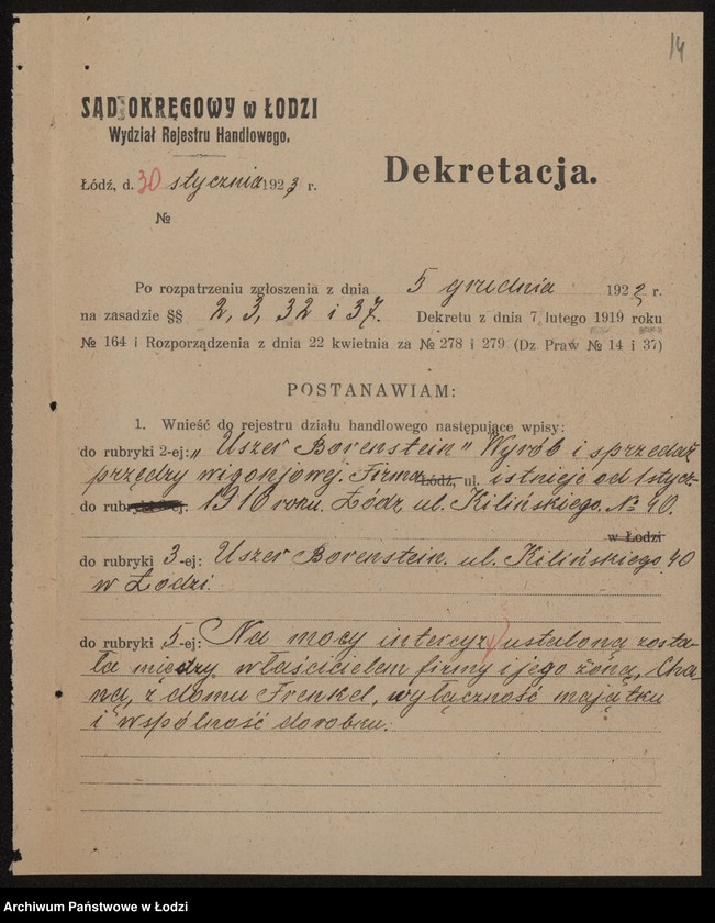 Obraz 16 z jednostki "Uszer Borenstein- wyrób i sprzedaż przędzy wigoniowej"