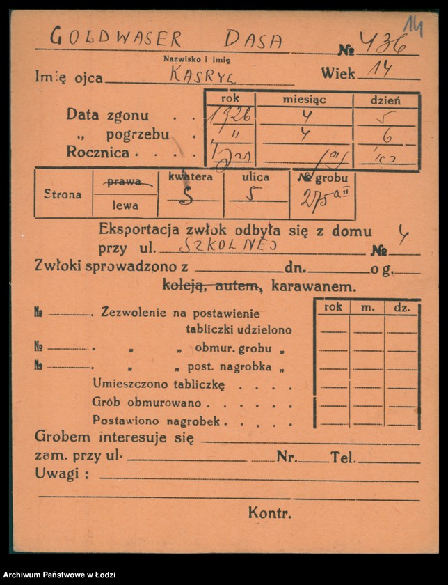 Obraz 15 z jednostki "Kartoteka osób pochowanych na cmentarzu żydowskim przy ulicy Brackiej w latach 1892-1959. Nazwiska na litery: Goldw-Gö"