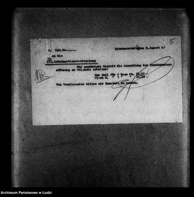 Obraz 8 z jednostki "I Ordnungsdienst [Zasiłki chorobowe dla pracowników wydziału, listy pracowników, zaświadczenia lekarskie]"