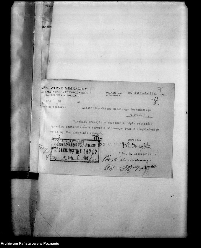 Obraz 11 z jednostki "Państwowe Gimnazjum imienia Bergera- Poznań [protokół egzaminu eksternistów i spisy abiturientów]"